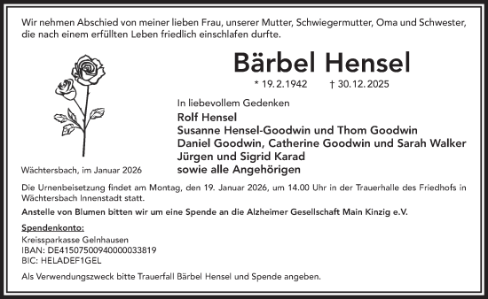 Traueranzeige von Bärbel Hensel von Mittelhessen-Bote