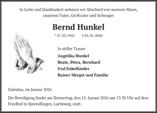 Traueranzeige von Bernd Hunkel von Gelnhäuser Neue Zeitung