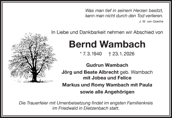 Traueranzeige von Bernd Wambach von Mittelhessen-Bote