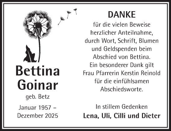 Traueranzeige von Bettina Goinar von Mittelhessen-Bote