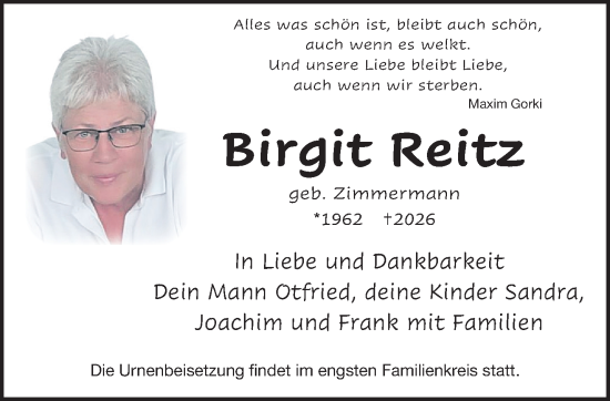Traueranzeige von Birgit Reitz von Gelnhäuser Neue Zeitung
