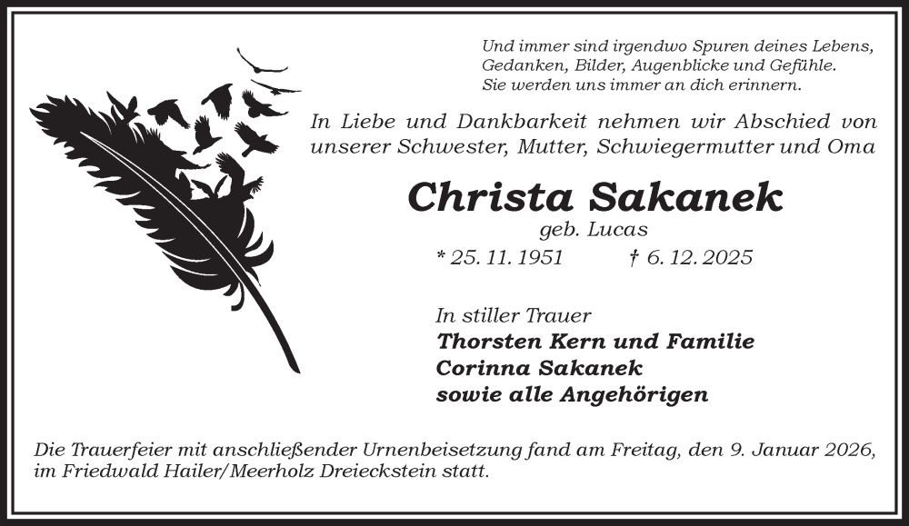  Traueranzeige für Christa Sakanek vom 10.01.2026 aus Mittelhessen-Bote