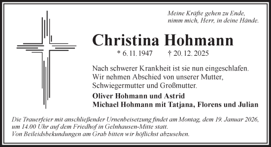 Traueranzeige von Christina Hohmann von Gelnhäuser Neue Zeitung