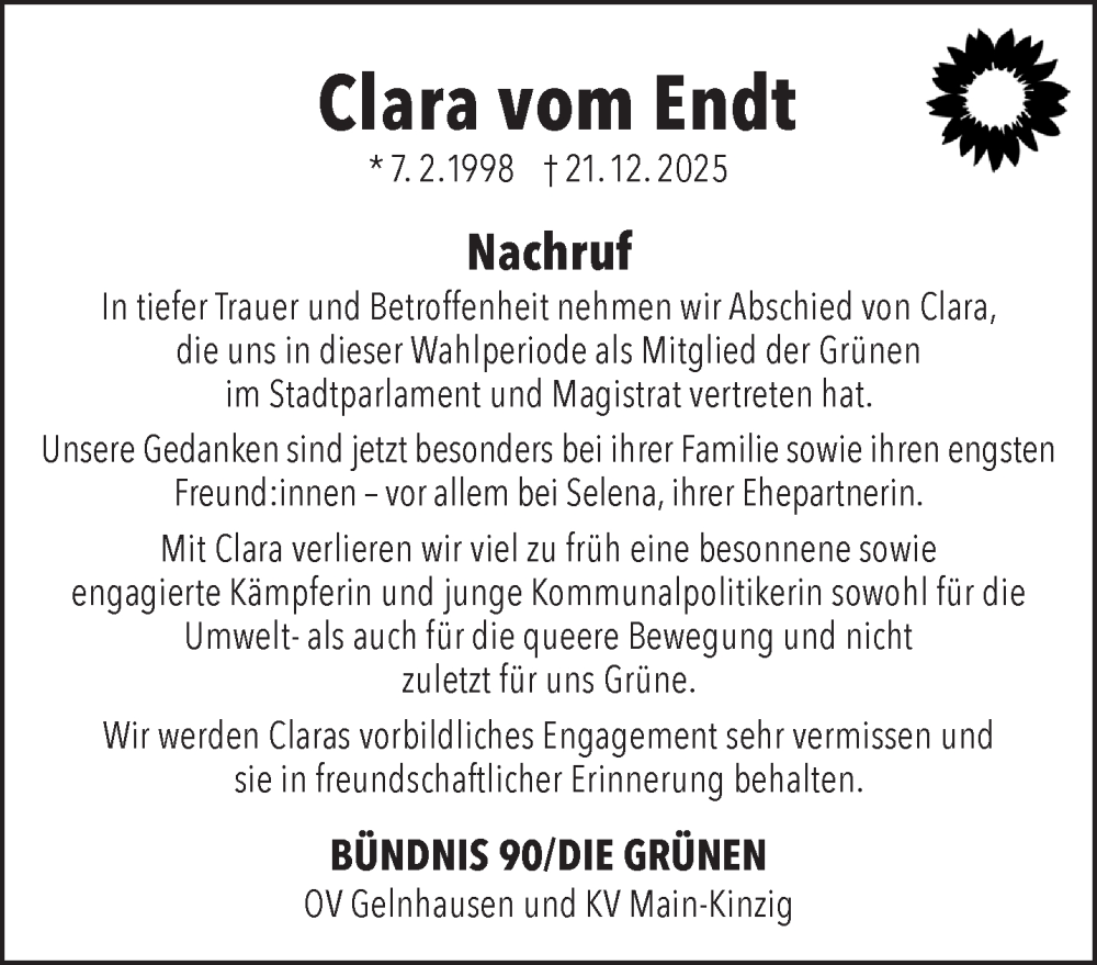  Traueranzeige für Clara vom Endt vom 10.01.2026 aus Mittelhessen-Bote