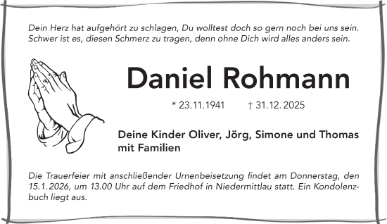 Traueranzeige von Daniel Rohmann von Gelnhäuser Neue Zeitung