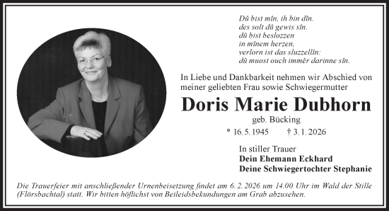 Traueranzeige von Doris Marie Dubhorn von Gelnhäuser Neue Zeitung