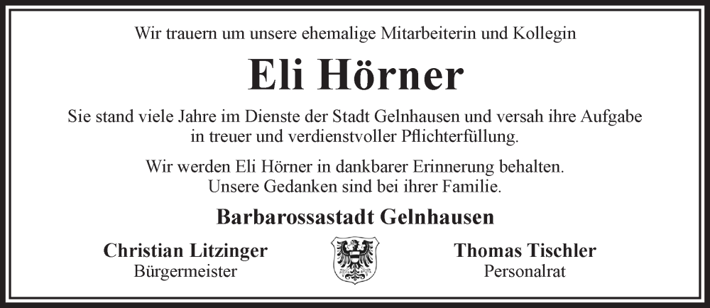  Traueranzeige für Eli Hörner vom 24.01.2026 aus Mittelhessen-Bote