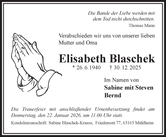 Traueranzeige von Elisabeth Blaschek von Gelnhäuser Neue Zeitung