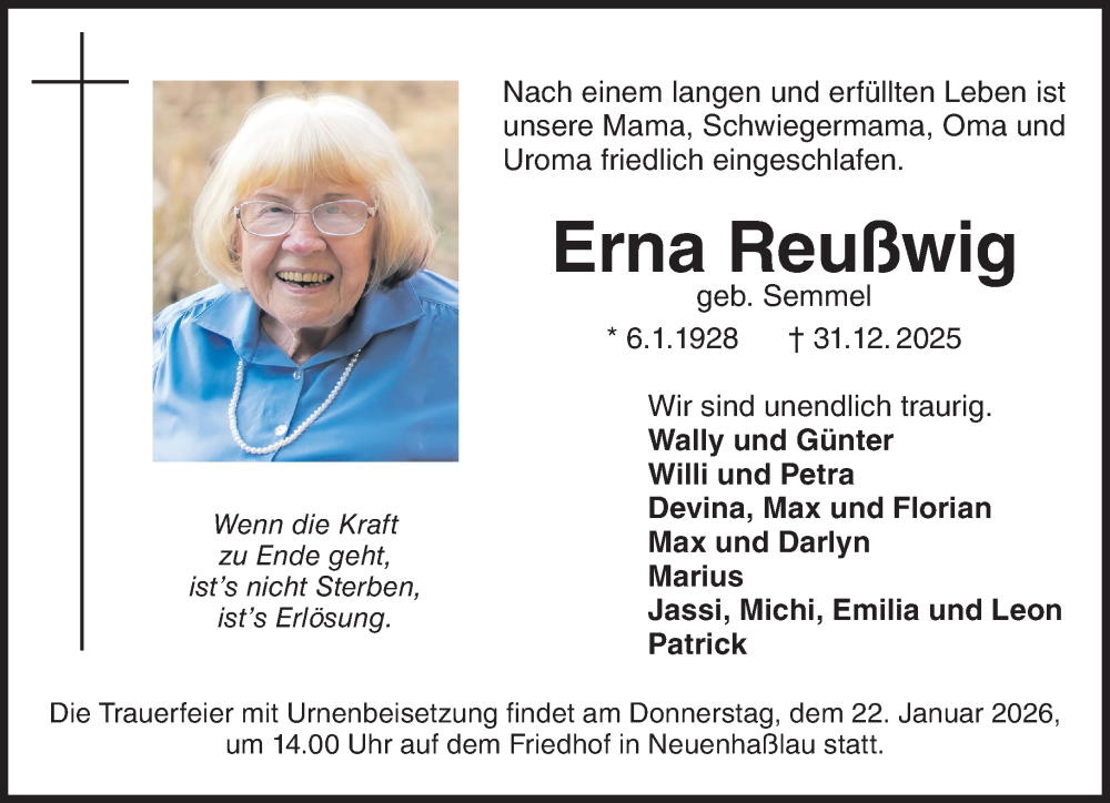  Traueranzeige für Erna Reußwig vom 10.01.2026 aus Gelnhäuser Neue Zeitung