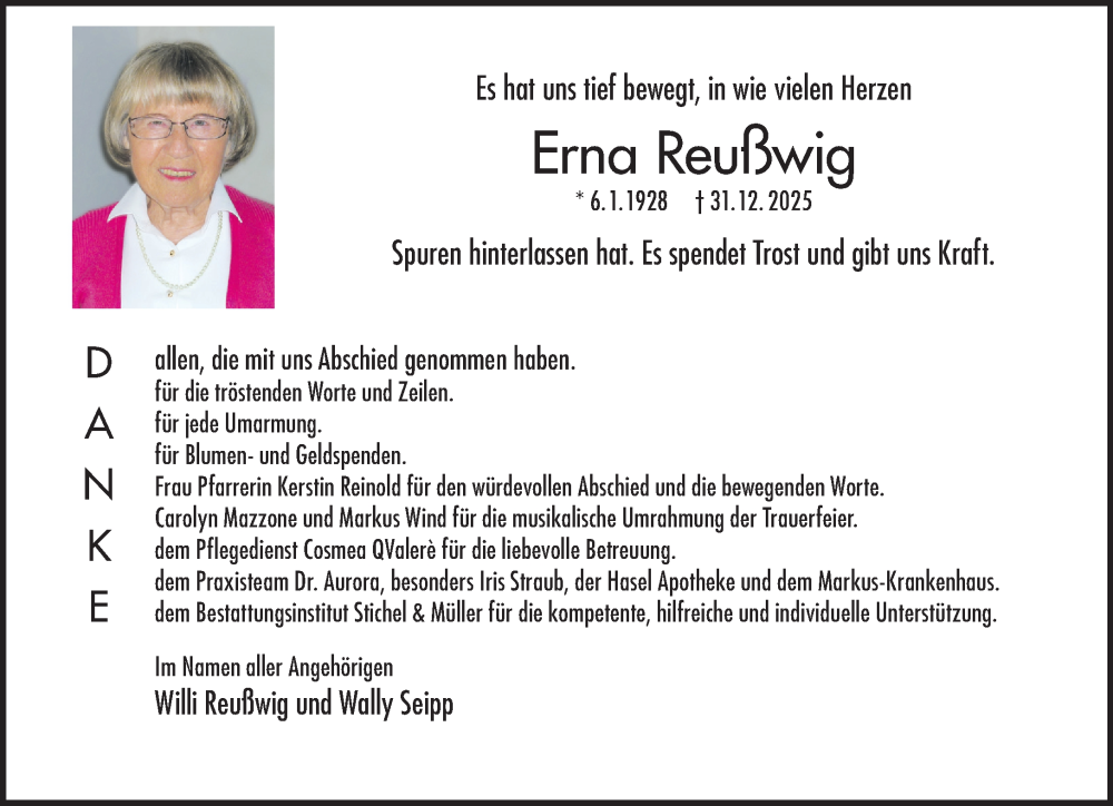  Traueranzeige für Erna Reußwig vom 31.01.2026 aus Gelnhäuser Neue Zeitung