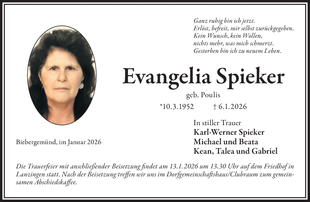  Traueranzeige für Evangelia Spieker vom 10.01.2026 aus Gelnhäuser Neue Zeitung