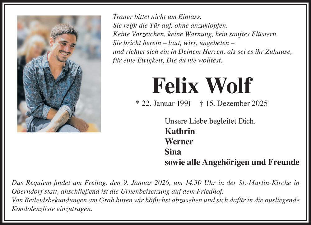  Traueranzeige für Felix Wolf vom 03.01.2026 aus Gelnhäuser Neue Zeitung