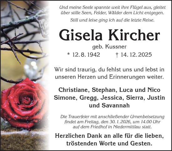 Traueranzeige von Gisela Kircher von Gelnhäuser Neue Zeitung