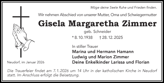 Traueranzeige von Gisela Margaretha Zimmer von Gelnhäuser Neue Zeitung