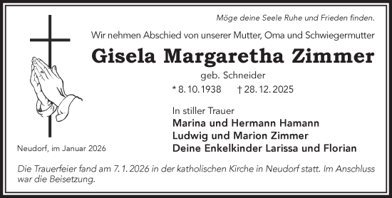 Traueranzeige von Gisela Margaretha Zimmer von Mittelhessen-Bote