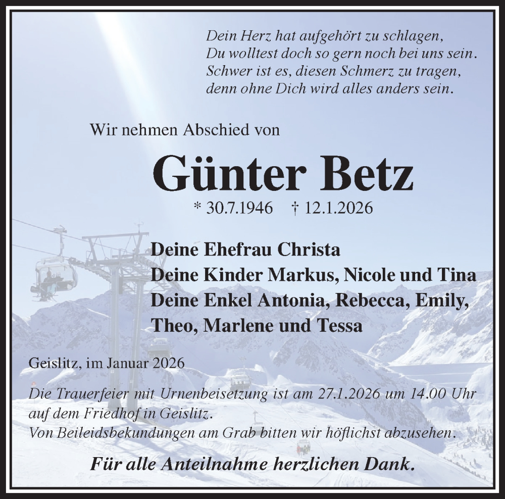  Traueranzeige für Günter Betz vom 24.01.2026 aus Mittelhessen-Bote