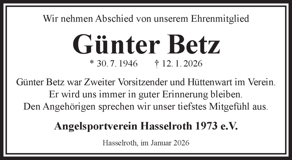  Traueranzeige für Günter Betz vom 24.01.2026 aus Gelnhäuser Neue Zeitung