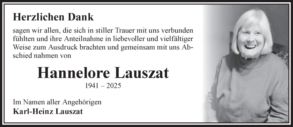  Traueranzeige für Hannelore Lauszat vom 31.01.2026 aus Gelnhäuser Neue Zeitung