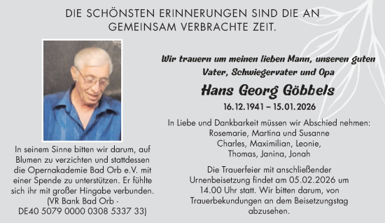 Traueranzeige von Hans Georg Göbbels von Gelnhäuser Neue Zeitung