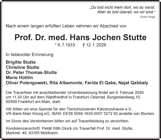 Traueranzeige von Hans Jochen Stutte von Gelnhäuser Neue Zeitung