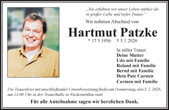 Traueranzeige von Hartmut Patzke von Gelnhäuser Neue Zeitung