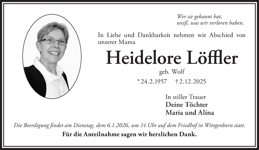  Traueranzeige für Heidelore Löffler vom 03.01.2026 aus Gelnhäuser Neue Zeitung