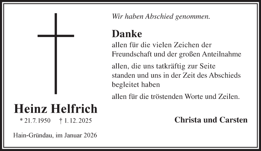  Traueranzeige für Heinz Helfrich vom 10.01.2026 aus Mittelhessen-Bote