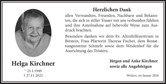 Traueranzeige von Helga Kirchner von Gelnhäuser Neue Zeitung