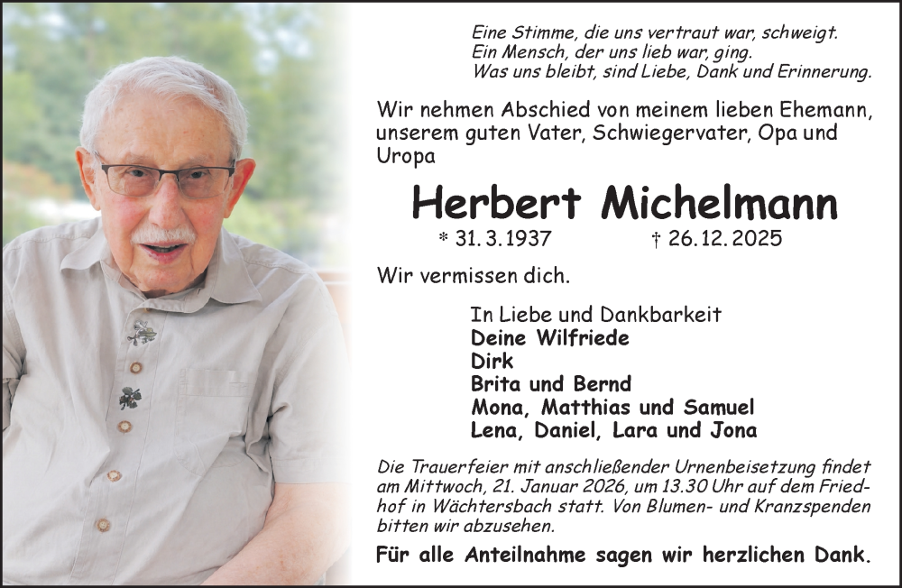  Traueranzeige für Herbert Michelmann vom 17.01.2026 aus Gelnhäuser Neue Zeitung