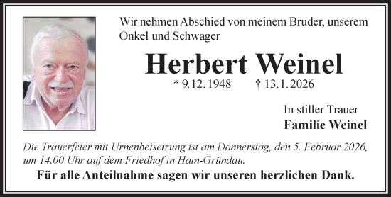 Traueranzeige von Herbert Weinel von Gelnhäuser Neue Zeitung