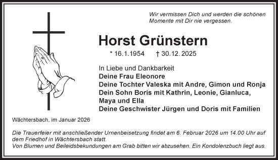 Traueranzeige von Horst Grünstern von Mittelhessen-Bote