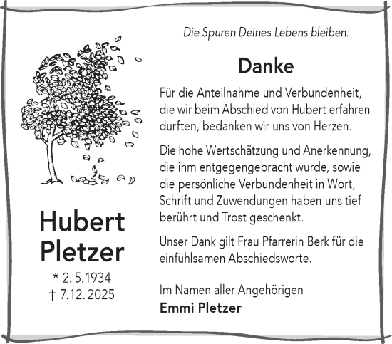 Traueranzeige von Hubert Pletzer von Gelnhäuser Neue Zeitung