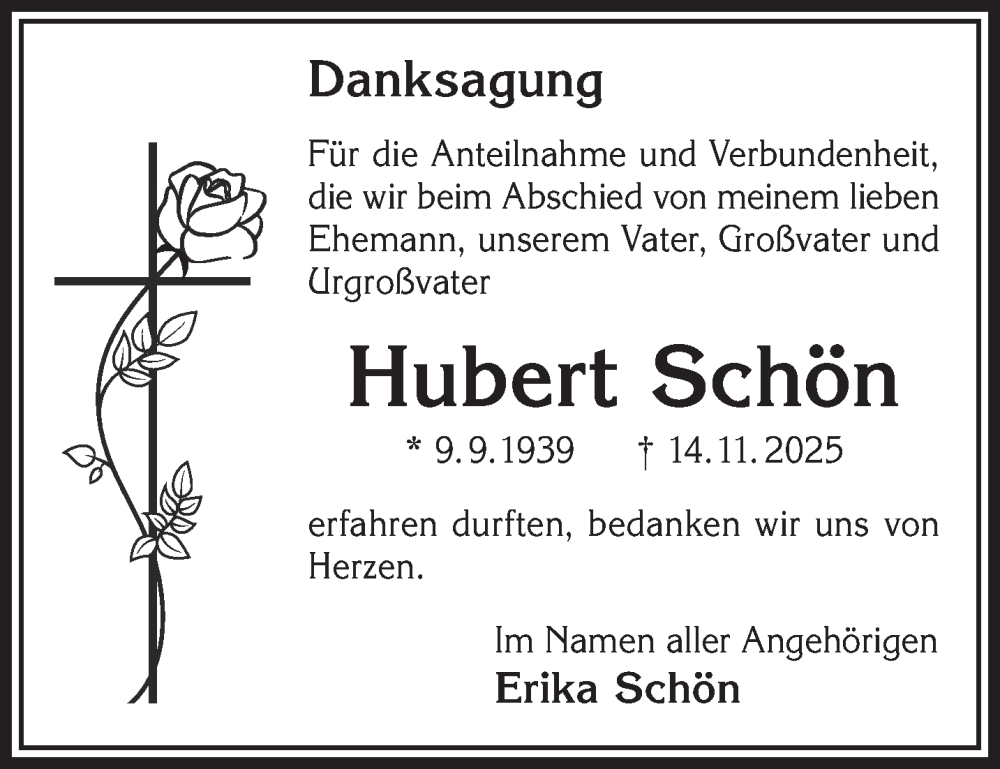  Traueranzeige für Hubert Schön vom 19.01.2026 aus Gelnhäuser Neue Zeitung