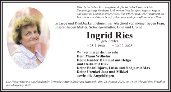 Traueranzeige von Ingrid Ries von Gelnhäuser Neue Zeitung