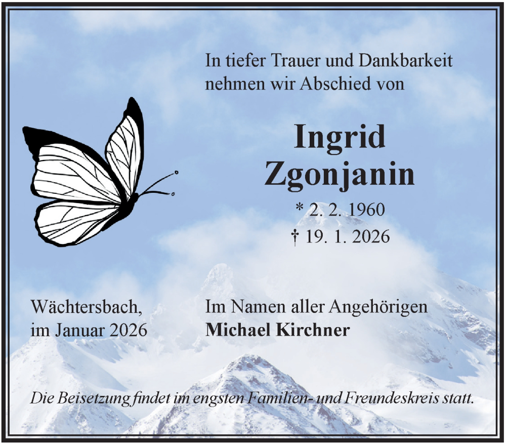  Traueranzeige für Ingrid Zgonjanin vom 31.01.2026 aus Gelnhäuser Neue Zeitung