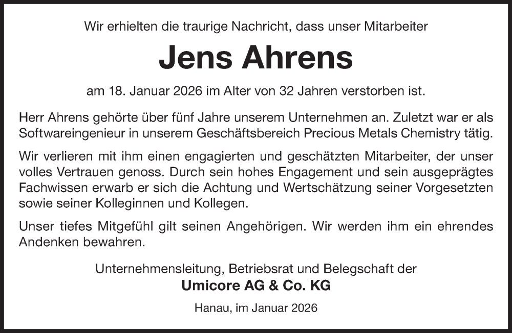  Traueranzeige für Jens Ahrens vom 24.01.2026 aus Gelnhäuser Neue Zeitung