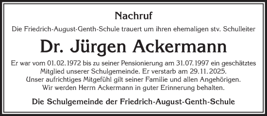 Traueranzeige von Jürgen Ackermann von Gelnhäuser Neue Zeitung