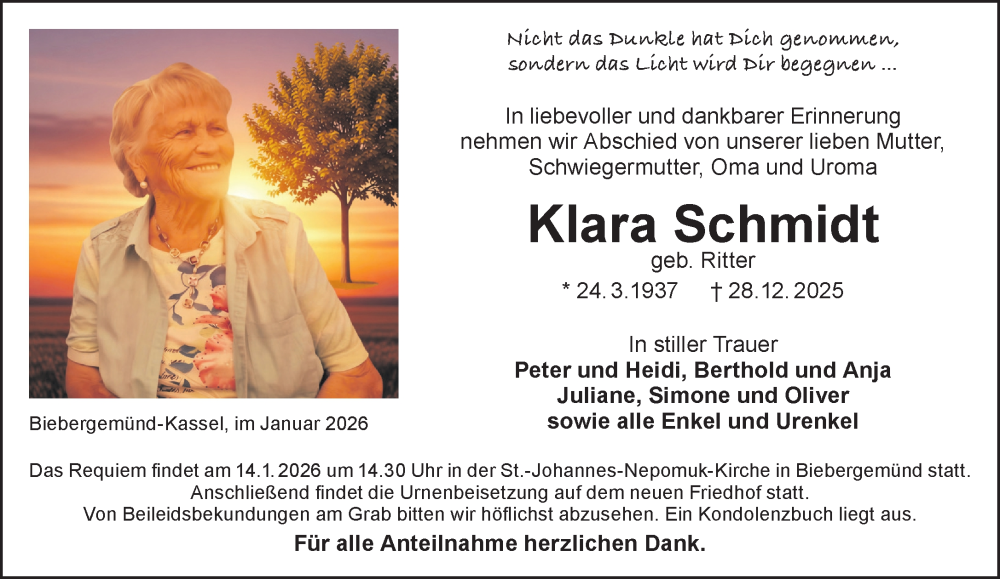  Traueranzeige für Klara Schmidt vom 07.01.2026 aus Gelnhäuser Neue Zeitung