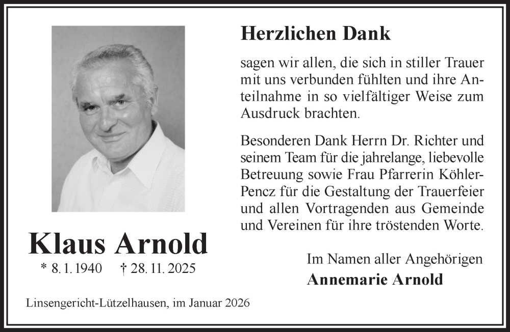  Traueranzeige für Klaus Arnold vom 10.01.2026 aus Gelnhäuser Neue Zeitung