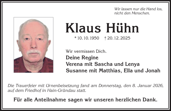 Traueranzeige von Klaus Hühn von Mittelhessen-Bote