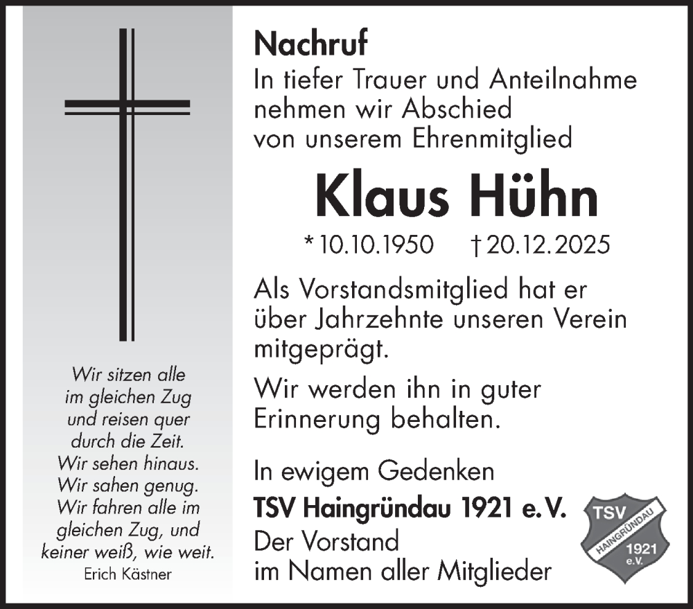  Traueranzeige für Klaus Hühn vom 10.01.2026 aus Mittelhessen-Bote