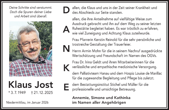 Traueranzeige von Klaus Jost von Gelnhäuser Neue Zeitung