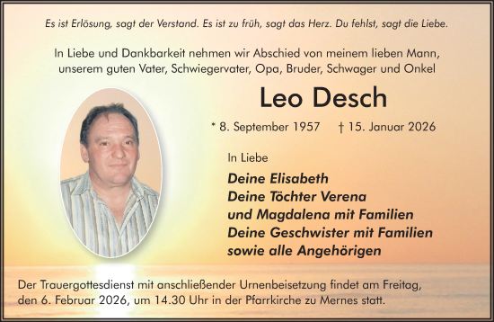 Traueranzeige von Leo Desch von Gelnhäuser Neue Zeitung