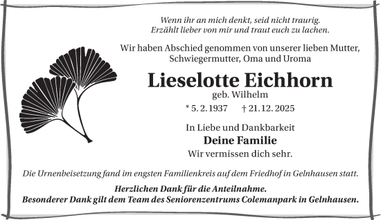 Traueranzeige von Lieselotte Eichhorn von Gelnhäuser Neue Zeitung