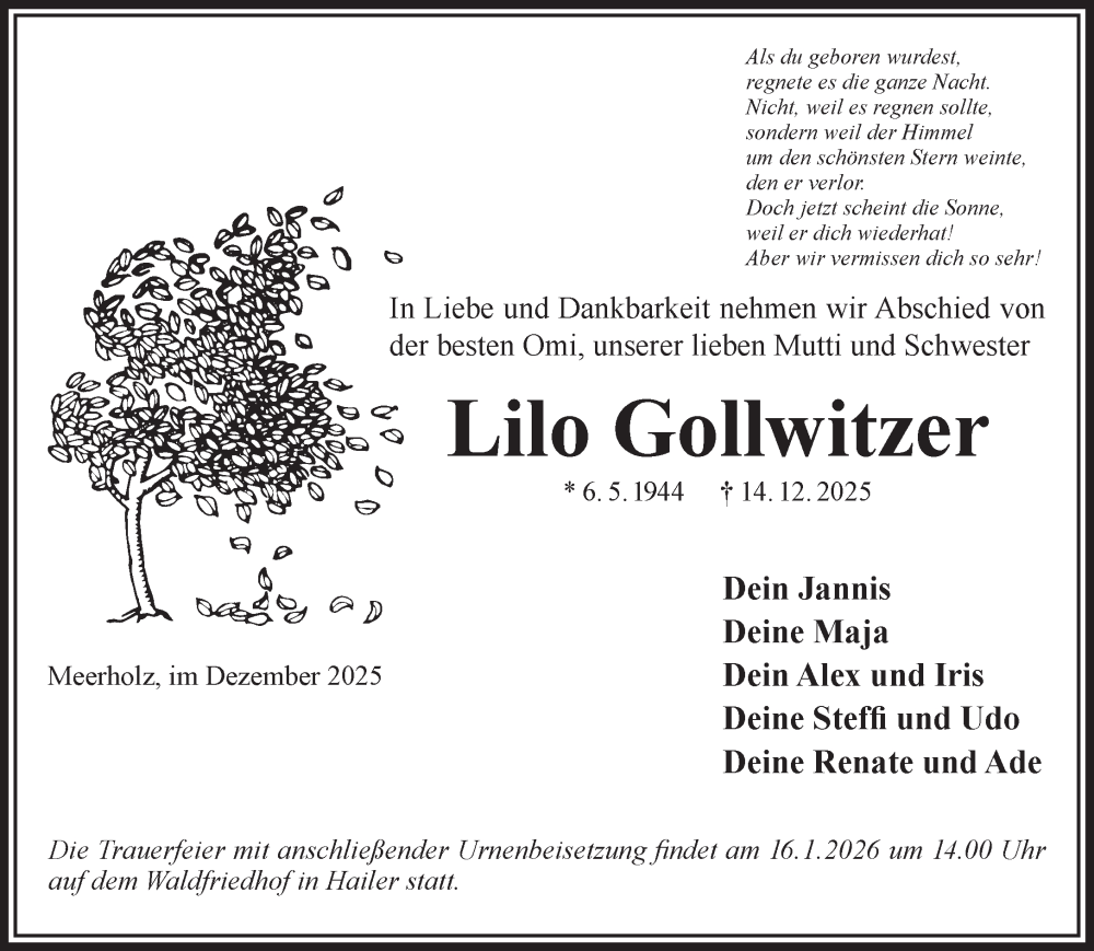  Traueranzeige für Lilo Gollwitzer vom 10.01.2026 aus Gelnhäuser Neue Zeitung