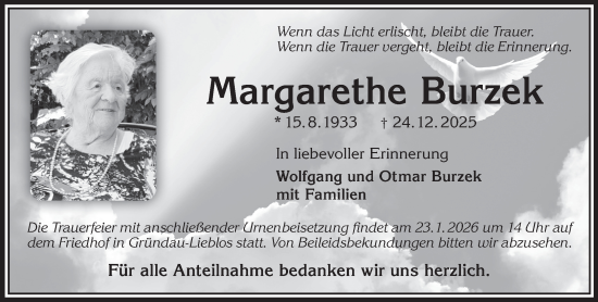 Traueranzeige von Margarethe Burzek von Gelnhäuser Neue Zeitung