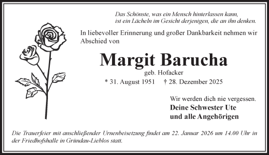 Traueranzeige von Margit Barucha von Gelnhäuser Neue Zeitung