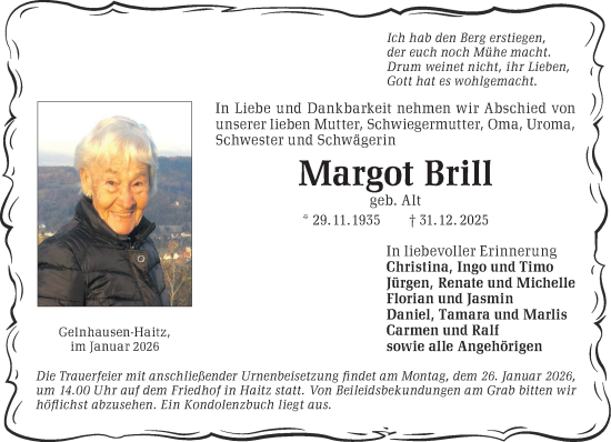 Traueranzeige von Margot Brill von Gelnhäuser Neue Zeitung