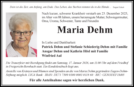 Traueranzeige von Maria Dehm von Gelnhäuser Neue Zeitung