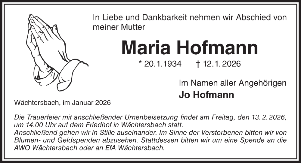  Traueranzeige für Maria Hofmann vom 24.01.2026 aus Gelnhäuser Neue Zeitung